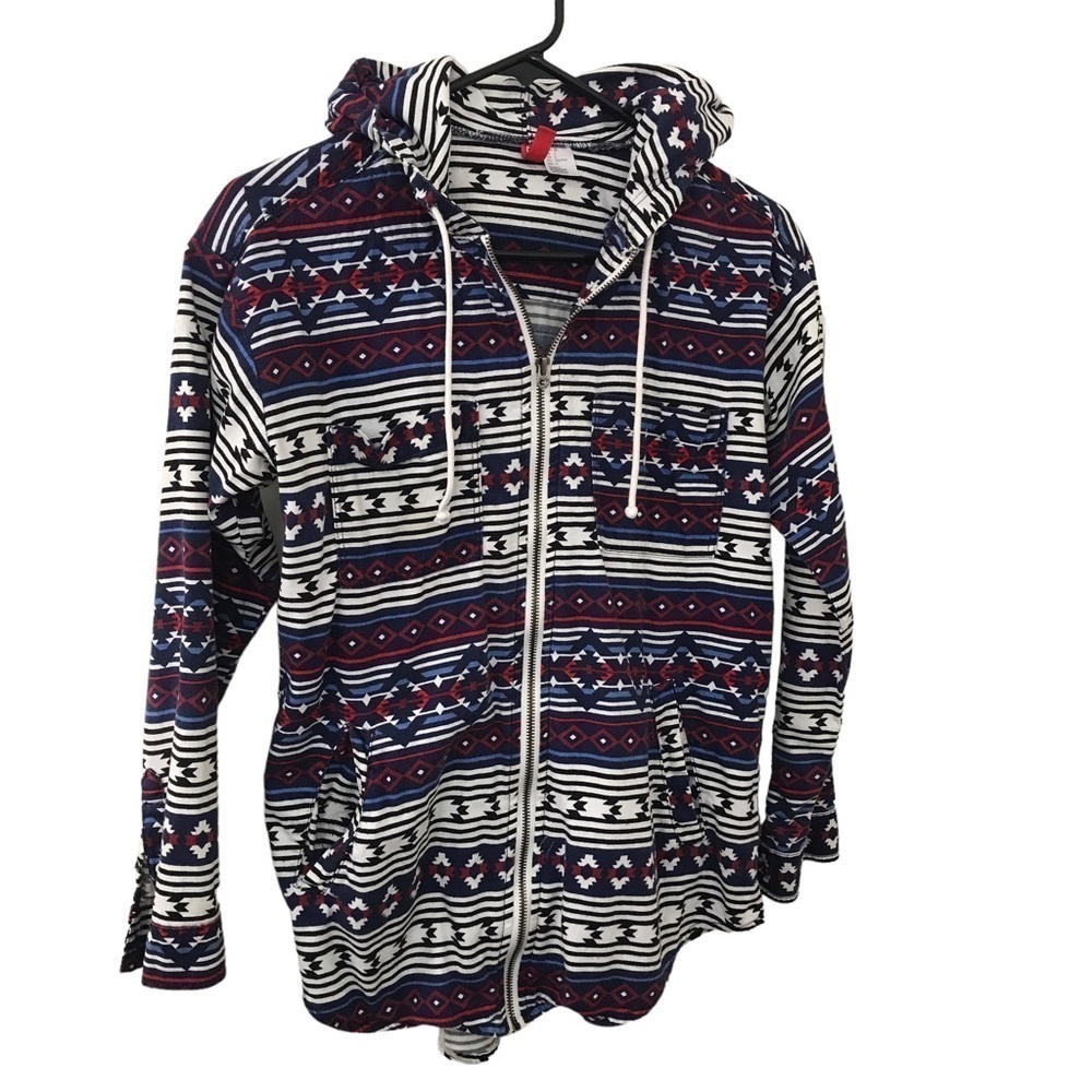 3/$15 Divided h&m blue red Aztec native print light hoodie zip up jacket
